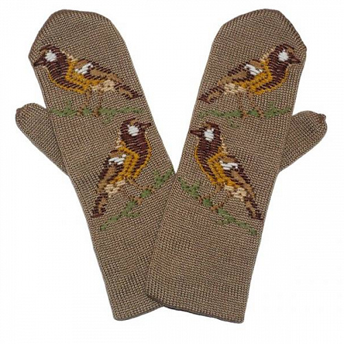 Женские двойные варежки с ручной вышивкой "Снегири" 